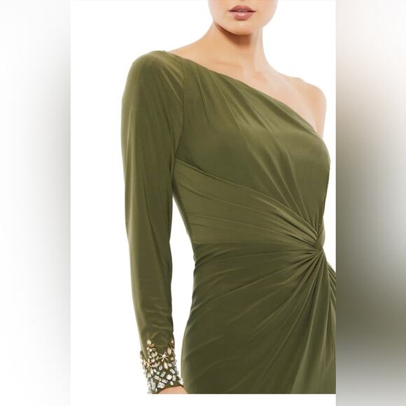 NWT Mac Duggal One Sleeve Beaded Cuff Side Twist Gown Olive 6 55696 - Picture 2 of 7